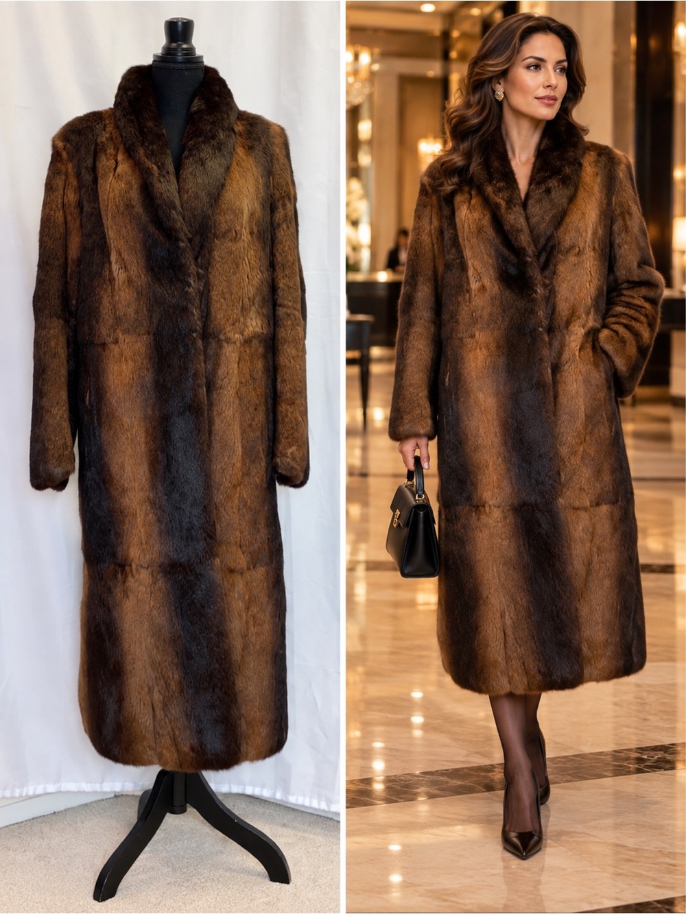 Polo Norte brown rabbit fur long fall winter coat Sz M/L